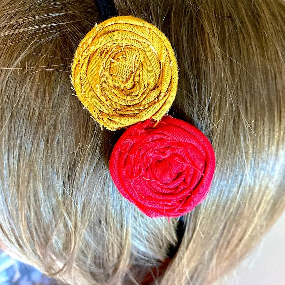 Rosette Red & Gold 8.5” Black Stretchy Headband
